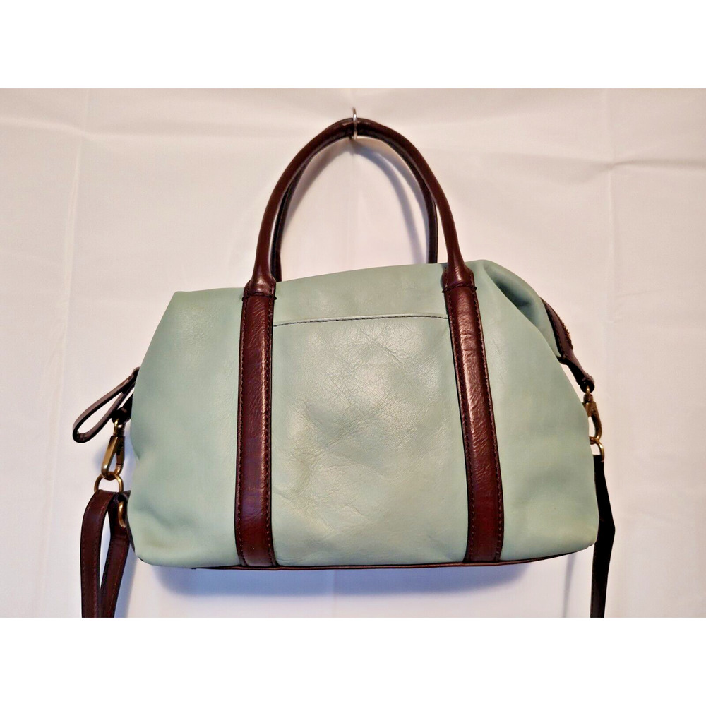 FOSSIL Small Satchel Leather Purse Bag Mint Green w/ Brown Straps BEAUTIFUL!